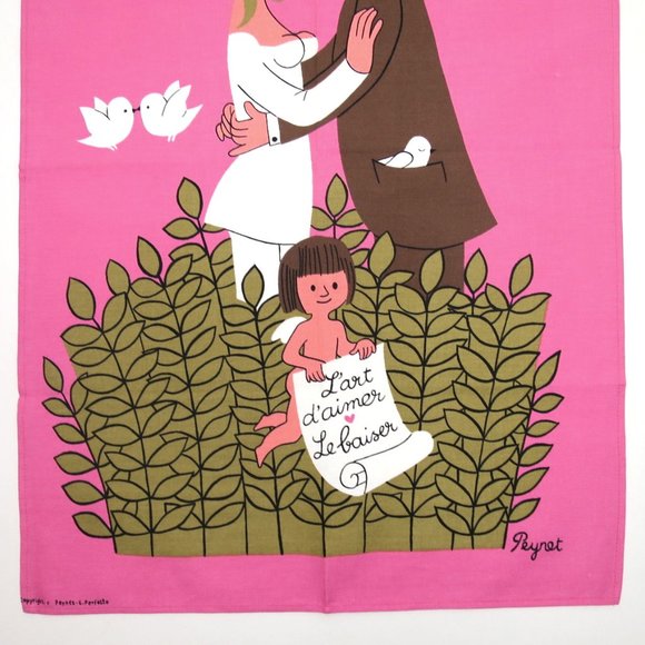 Vtg Linen Tea Towel Peynet Lovers Series The Kiss The Art of Love - Picture 3 of 9